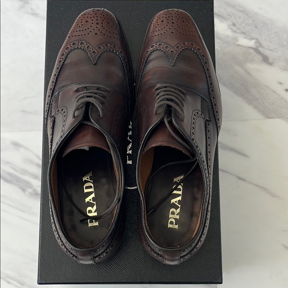 Prada Brown Leather Oxford Shoes with Brogue Detailing - Picture 3 of 6
